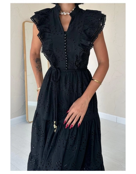 Siyah Fırfırlı Düğmeli Elbise