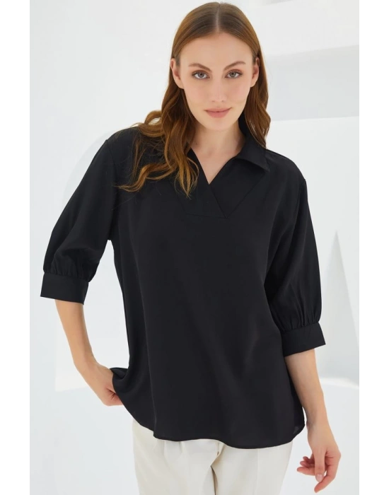 Siyah Gömlek Yaka Saten Bluz 0493