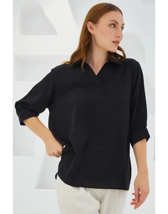 Siyah Gömlek Yaka Saten Bluz 0493
