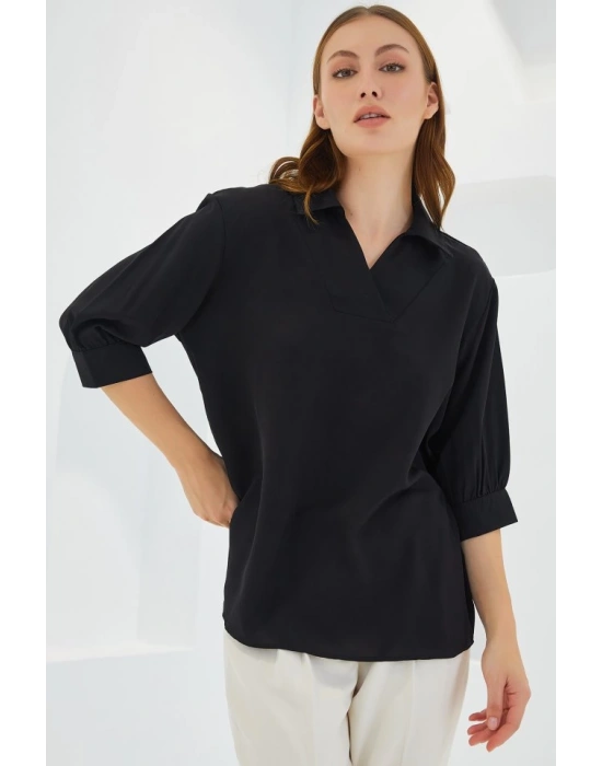 Siyah Gömlek Yaka Saten Bluz 0493