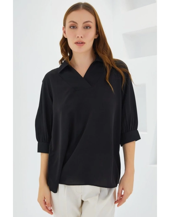 Siyah Gömlek Yaka Saten Bluz 0493