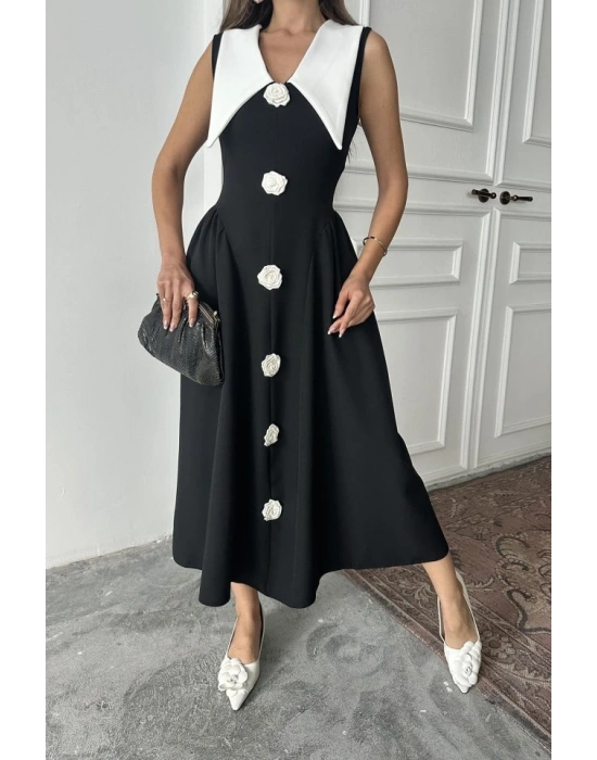 Siyah Gül Detaylı Atlas Elbise