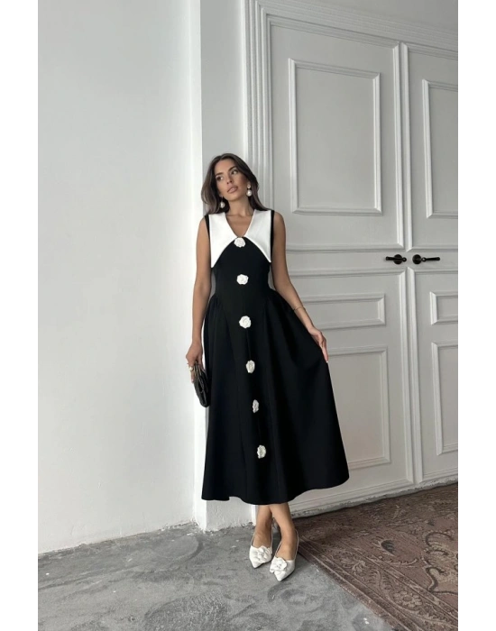 Siyah Gül Detaylı Atlas Elbise