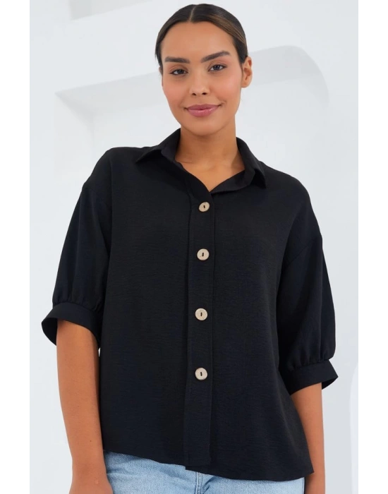 Siyah Kısa Kol Oversize Keten Gömlek 20240