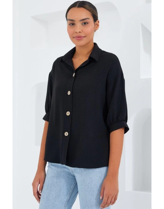 Siyah Kısa Kol Oversize Keten Gömlek 20240