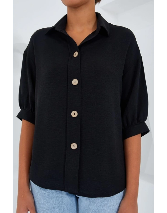 Siyah Kısa Kol Oversize Keten Gömlek 20240