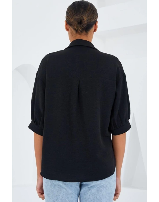 Siyah Kısa Kol Oversize Keten Gömlek 20240