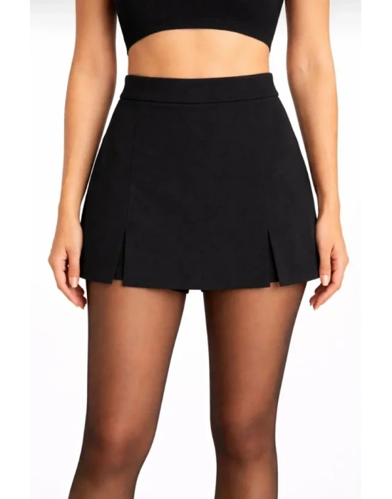 Siyah Krep Kumaş Şortlu Etek Mini Boy Yırtmaç Detaylı Yüksek Bel Günlük Şık Tasarım  Siyah