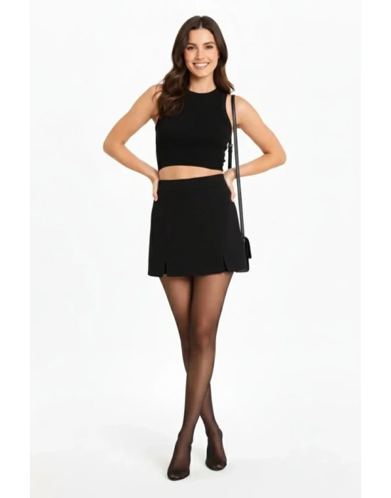 Siyah Krep Kumaş Şortlu Etek Mini Boy Yırtmaç Detaylı Yüksek Bel Günlük Şık Tasarım  Siyah