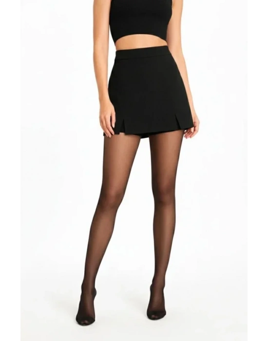 Siyah Krep Kumaş Şortlu Etek Mini Boy Yırtmaç Detaylı Yüksek Bel Günlük Şık Tasarım  Siyah