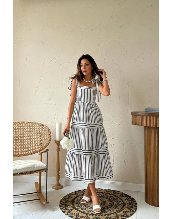 Siyah Omuzdan Bağlamalı Çizgili Elbise