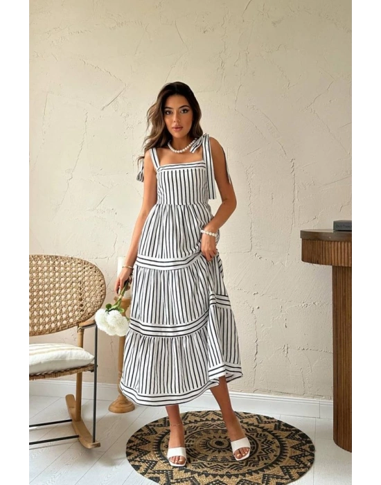 Siyah Omuzdan Bağlamalı Çizgili Elbise