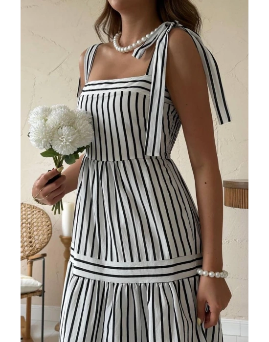 Siyah Omuzdan Bağlamalı Çizgili Elbise