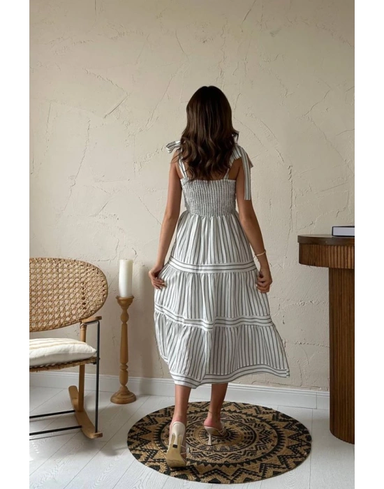 Siyah Omuzdan Bağlamalı Çizgili Elbise