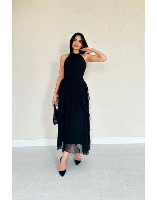 Siyah Önü Büzgülü Fırfırlı Elbise