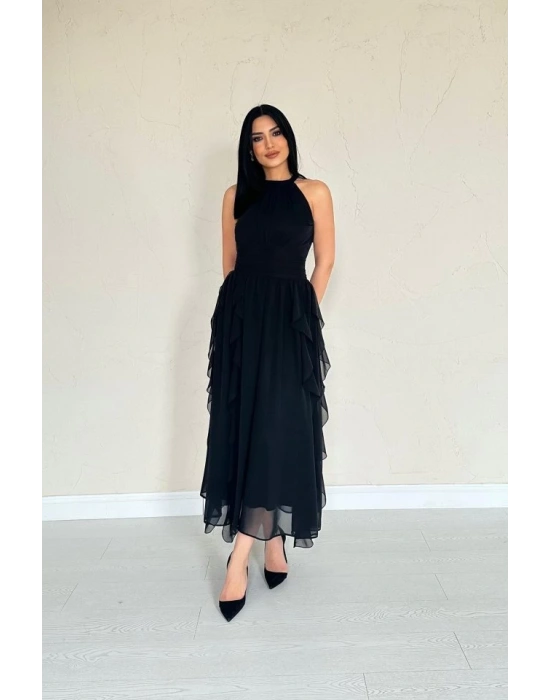 Siyah Önü Büzgülü Fırfırlı Elbise