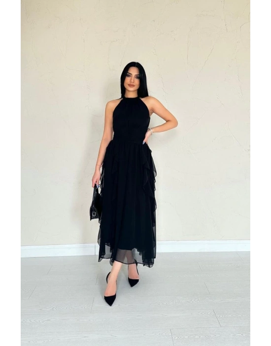 Siyah Önü Büzgülü Fırfırlı Elbise