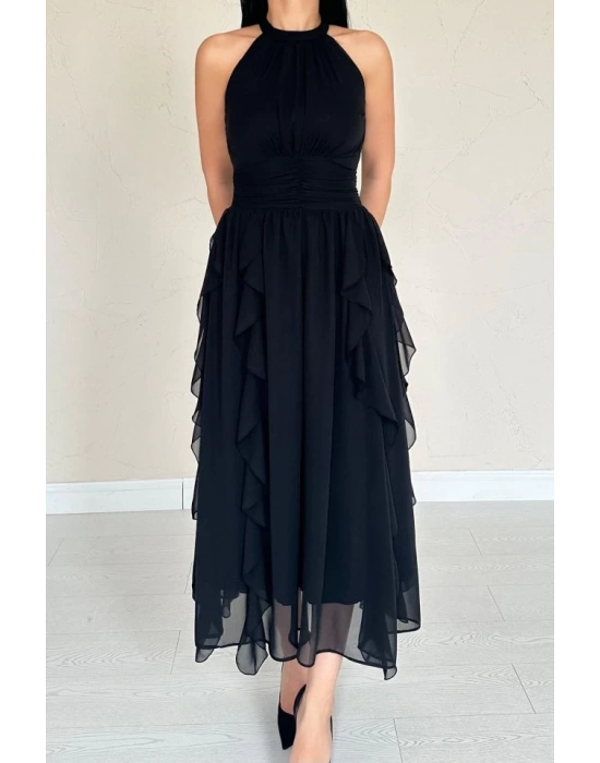 Siyah Önü Büzgülü Fırfırlı Elbise