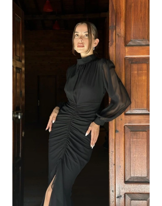 Siyah Önü Büzgülü Şifon Elbise