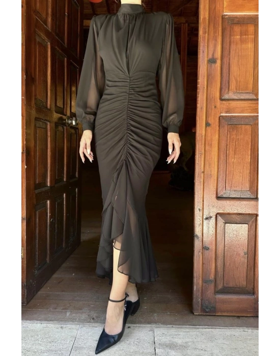 Siyah Önü Büzgülü Şifon Elbise