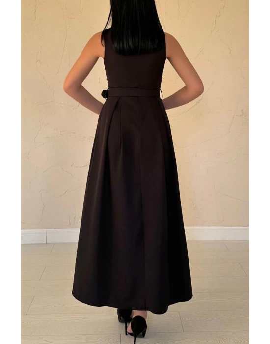 Siyah Önü Dantel Detaylı Kemerli Elbise