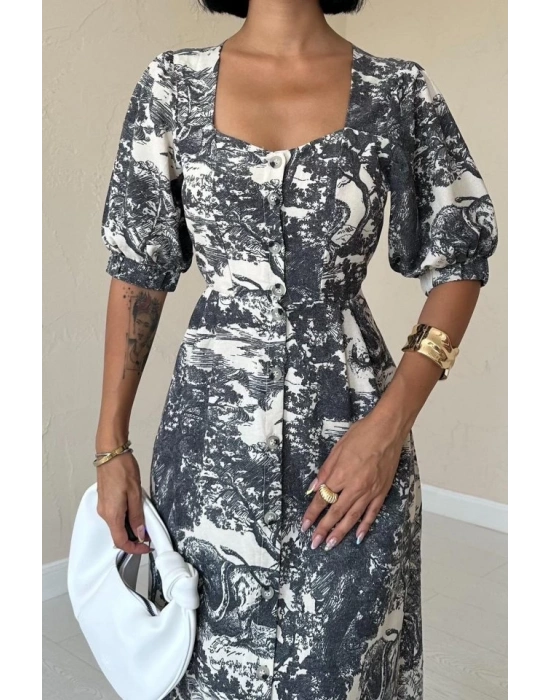 Siyah Önü Düğmeli Kalp Yaka Elbise