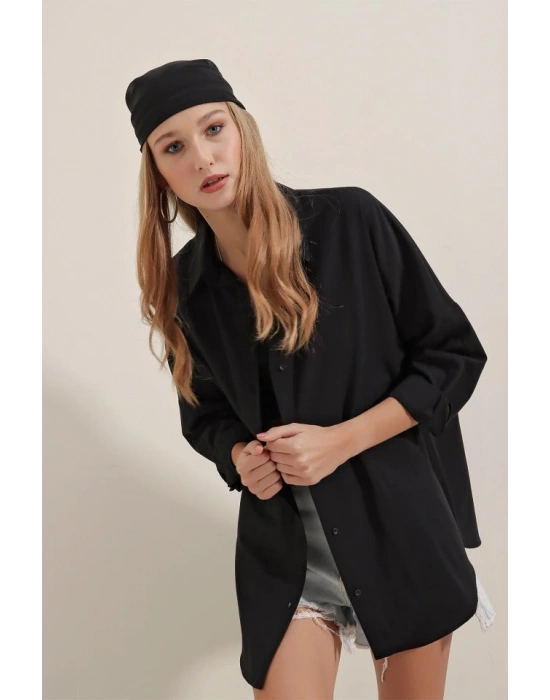 Siyah Oversize Uzun Basic Gömlek 3900