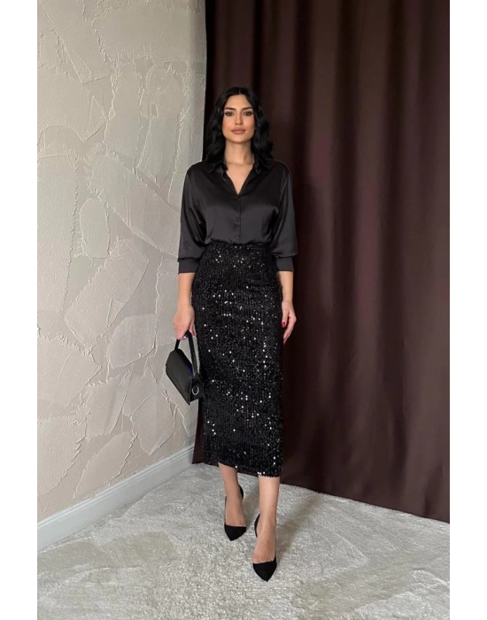 Siyah Pulpayetli Parlak Etek