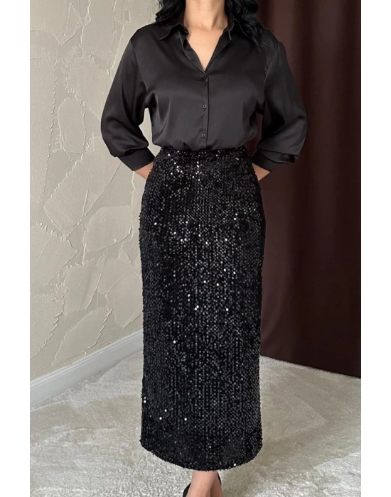 Siyah Pulpayetli Parlak Etek