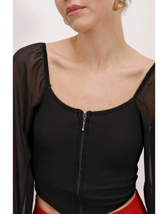 Siyah Şifon Önü Fermuarlı Bluz 0496