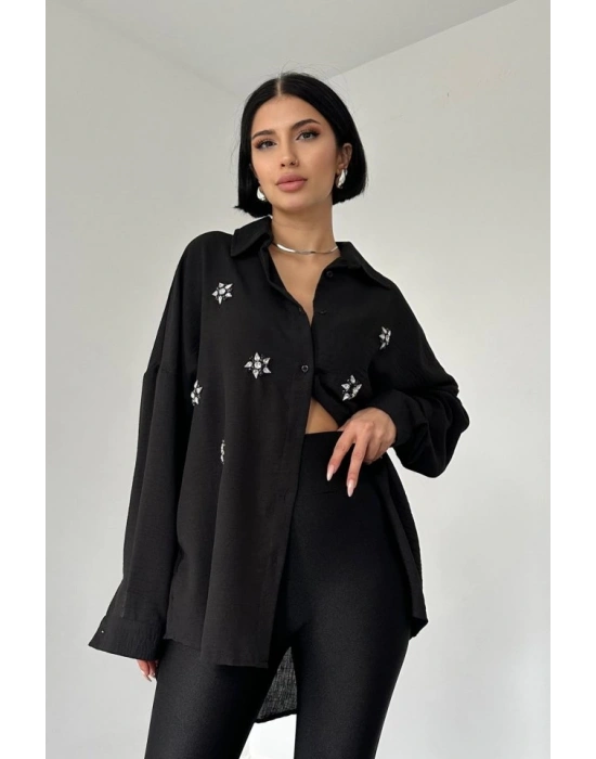 Siyah Taş İşlemeli Gömlek