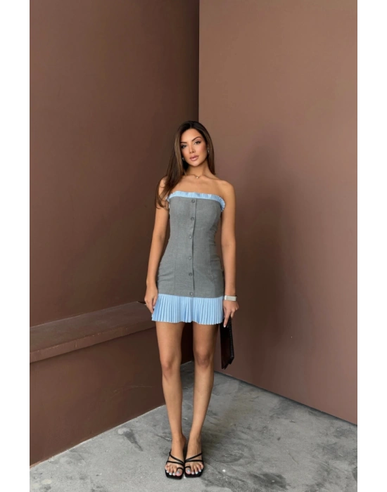 STRAPLEZ POLVİSKON ELBİSE AVİ FIRFIR DETAYLI  Gri