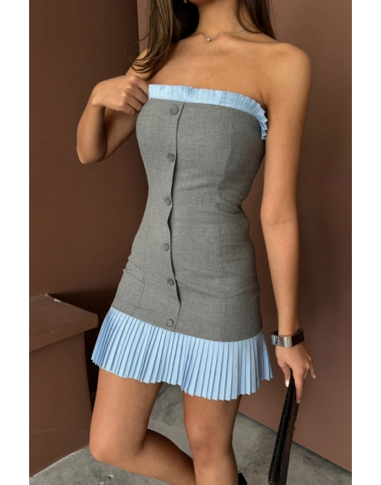 STRAPLEZ POLVİSKON ELBİSE AVİ FIRFIR DETAYLI  Gri