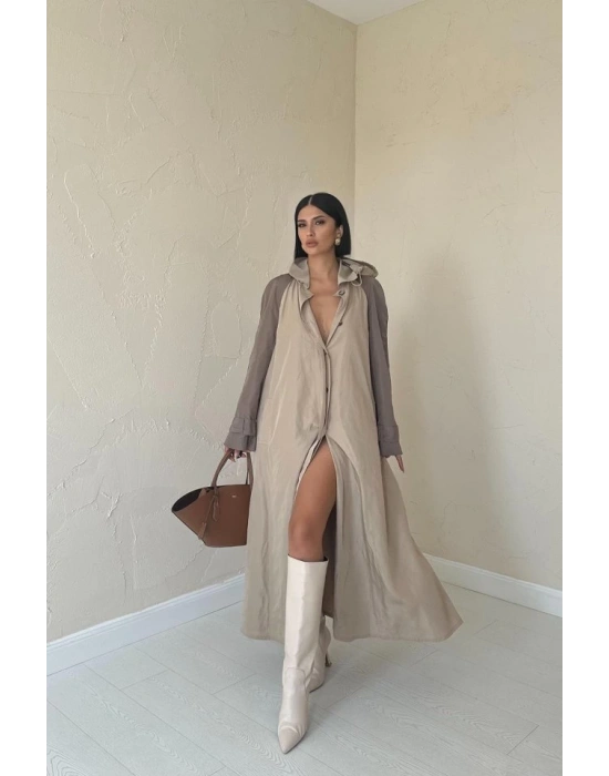 Taba Kapüşonlu Uzun Trençkot