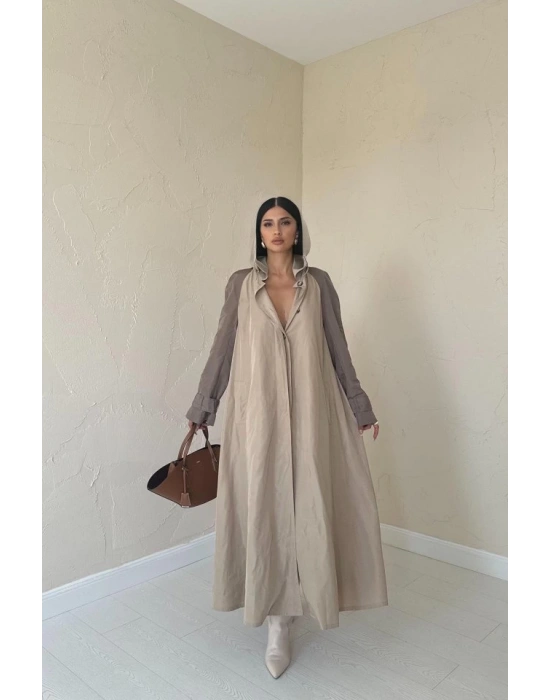 Taba Kapüşonlu Uzun Trençkot