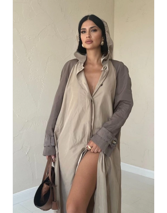 Taba Kapüşonlu Uzun Trençkot