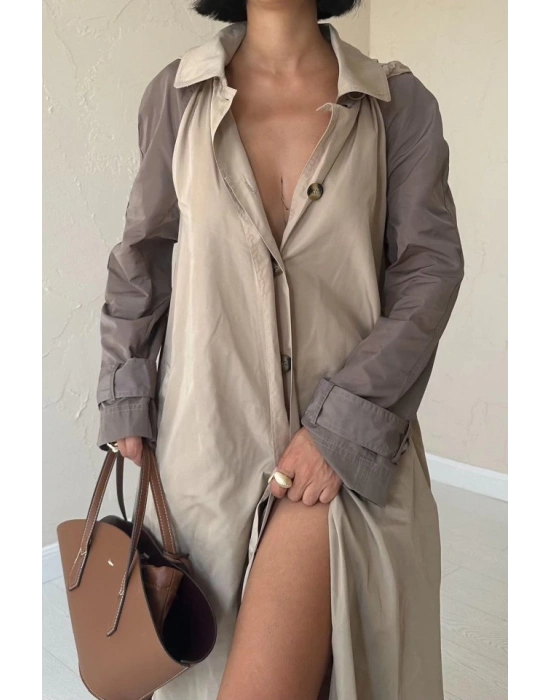 Taba Kapüşonlu Uzun Trençkot