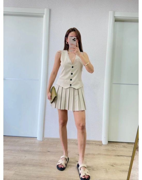 Takım Görünümlu Yelekli ini Elbise Bej