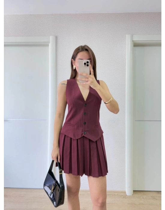 Takım Görünümlu Yelekli ini Elbise Bordo