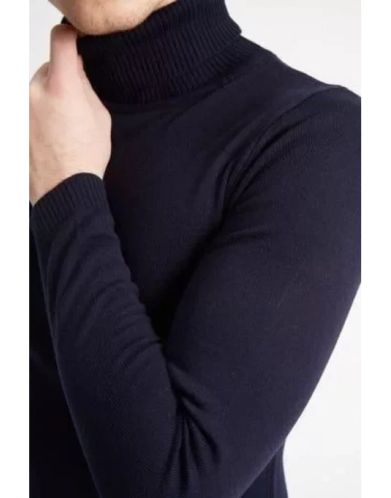 Tam Boğazlı Balıkçı Yaka Dokuma Triko  acivert