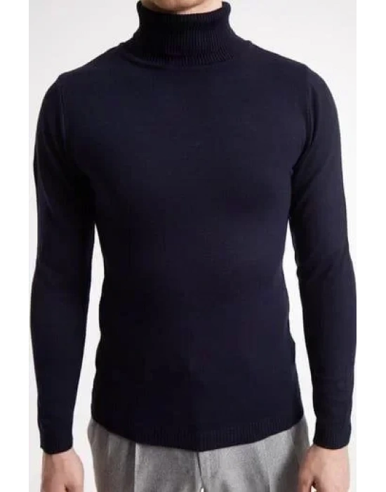 Tam Boğazlı Balıkçı Yaka Dokuma Triko  acivert