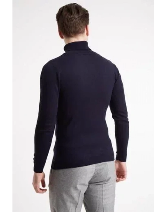 Tam Boğazlı Balıkçı Yaka Dokuma Triko  acivert