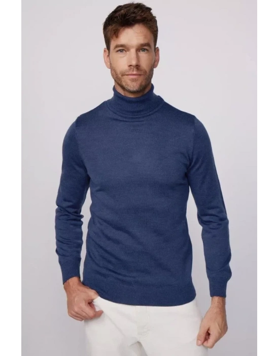 Tam Boğazlı Balıkçı Yaka Dokuma Triko  İndigo