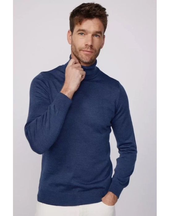 Tam Boğazlı Balıkçı Yaka Dokuma Triko  İndigo