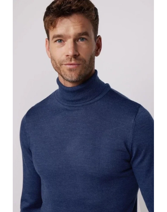 Tam Boğazlı Balıkçı Yaka Dokuma Triko  İndigo