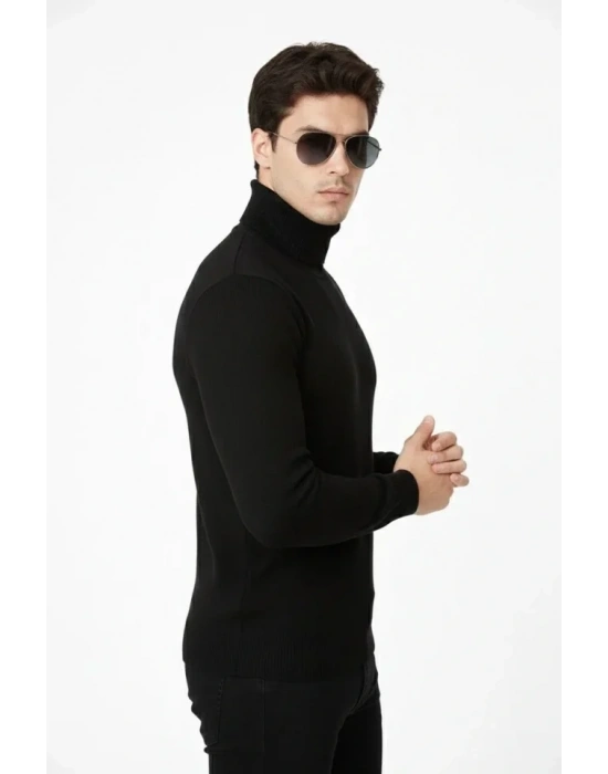 Tam Boğazlı Balıkcı Yaka Triko Kazak Yumuşak Dokulu Pamuklu Ince Dokuma Uzun Kollu  iyah