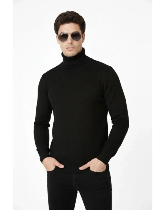 Tam Boğazlı Balıkcı Yaka Triko Kazak Yumuşak Dokulu Pamuklu Ince Dokuma Uzun Kollu  iyah