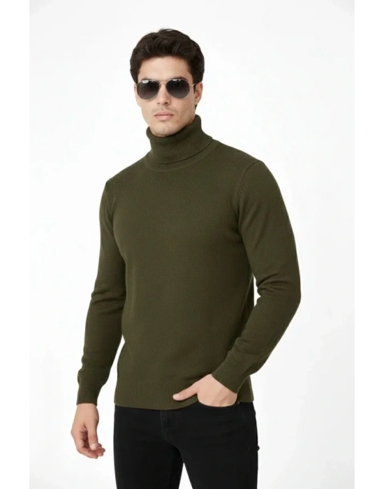 Tam Boğazlı Balıkcı Yaka Triko Kazak Yumuşak Dokulu Pamuklu Ince Dokuma, Uzun Kollu Rahat Regular Kalıp  Haki