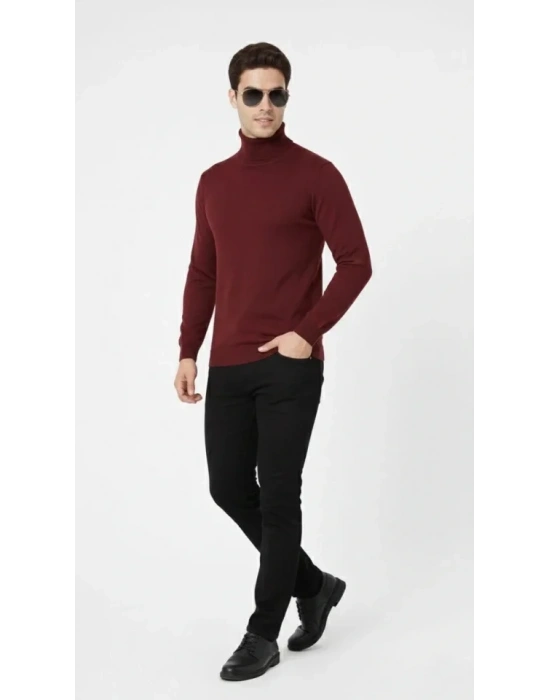 Tam Boğazlı Balıkcı Yaka Triko Kazak Yumuşak Dokulu Pamuklu Ince Dokuma, Uzun Kollu Rahat Regular Kalıp  Bordo