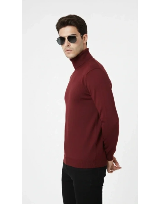 Tam Boğazlı Balıkcı Yaka Triko Kazak Yumuşak Dokulu Pamuklu Ince Dokuma, Uzun Kollu Rahat Regular Kalıp  Bordo